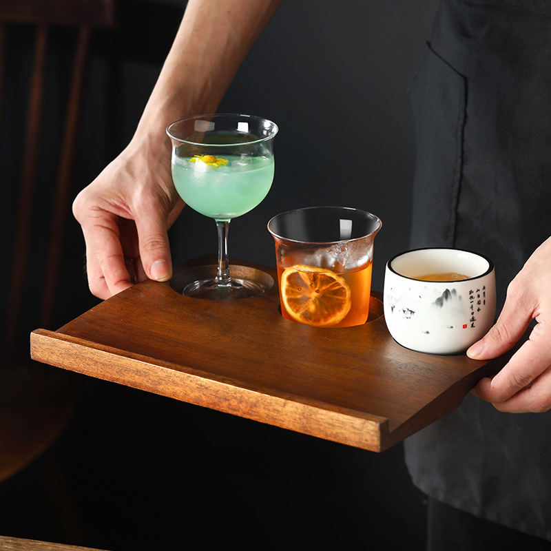 A set of 1 wine glass, 3 drinking glasses, ceramic cocktail cups with holes, wooden tray, cold brew glass, coffee cup, and highball glasses