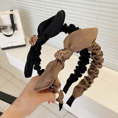 鑲鑽蝴蝶結髮箍高級感褶皺蝴蝶結寬邊頭箍韓版氣質緞面發捆髮飾女