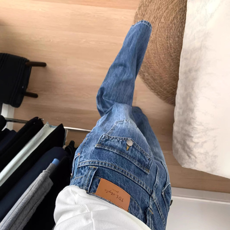 American Style Retro Blue Loose Straight Jeans Women's Summer New Design Sense Low Waist Slimming Narrow Wide Leg Pants