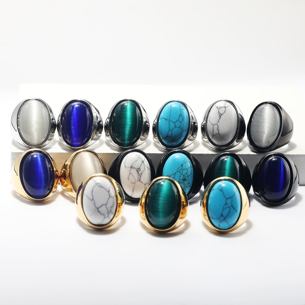 23g Weight Natural Stone Inlay Material Rings Classification 1 Piece Quantity Holiday, Street Occasion Titanium Steel Material Round Pattern Men's Gender Inlay Design Hip-Hop Style Hip-Hop Round Titanium Steel Inlay Natural Stone Men's Rings 3