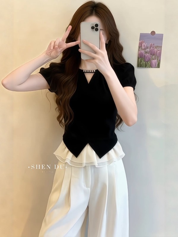 Áo sơ mi nữ cổ V tay ngắn phong cách Pháp, thiết kế che khuyết điểm tôn dáng — màu đen