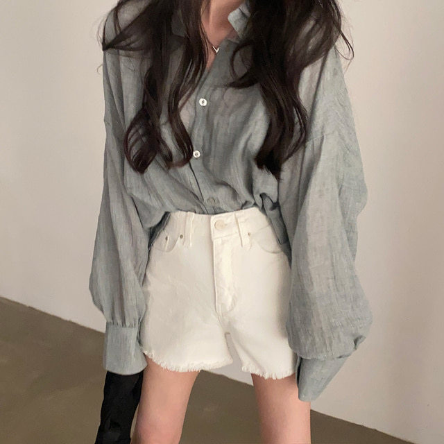 Size updated chic salt summer thin lapel long sleeve shirt loose lazy sun protection air conditioning shirt Korean style