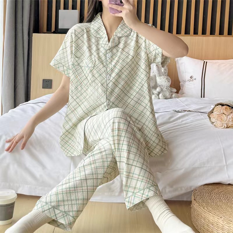 Pajamas de espuma tejidos de verano de algodón pantalones largos de mangas cortas ropa para el hogar de verano delgada de algodón conjunto de dos piezas