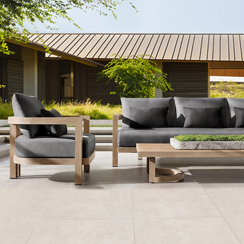 Sofá de patio para exteriores, muebles impermeables de una sola pieza para jardín, conjunto de mesa de centro de teca para terraza de hotel o villa.