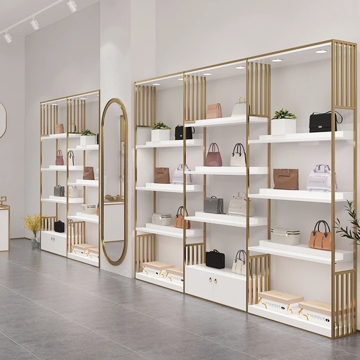 Estanterías de exhibición para supermercados, estanterías para zapatos, estanterías de pie para tiendas de bolsos, armarios de ropa y zapatos de varias capas, personalizadas de acero y madera, personalización completa de la tienda