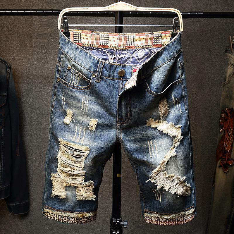 Lined Denim Jeans for Men, Distressed Five-Point Beggar Pants, Summer Trendy Brand Personality Men's Jeans