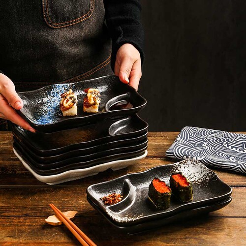 Cross-border ceramic divided plate with vinegar plate, snack dumpling plate, sushi dish plate, Japanese and Korean barbecue snack plate