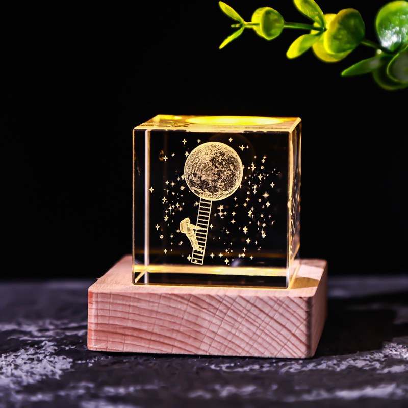 Cubo de cristal decoración interruptor de luz cálida base de madera talla interior Luna Sistema Solar Galaxy decoración de escritorio regalo de niña