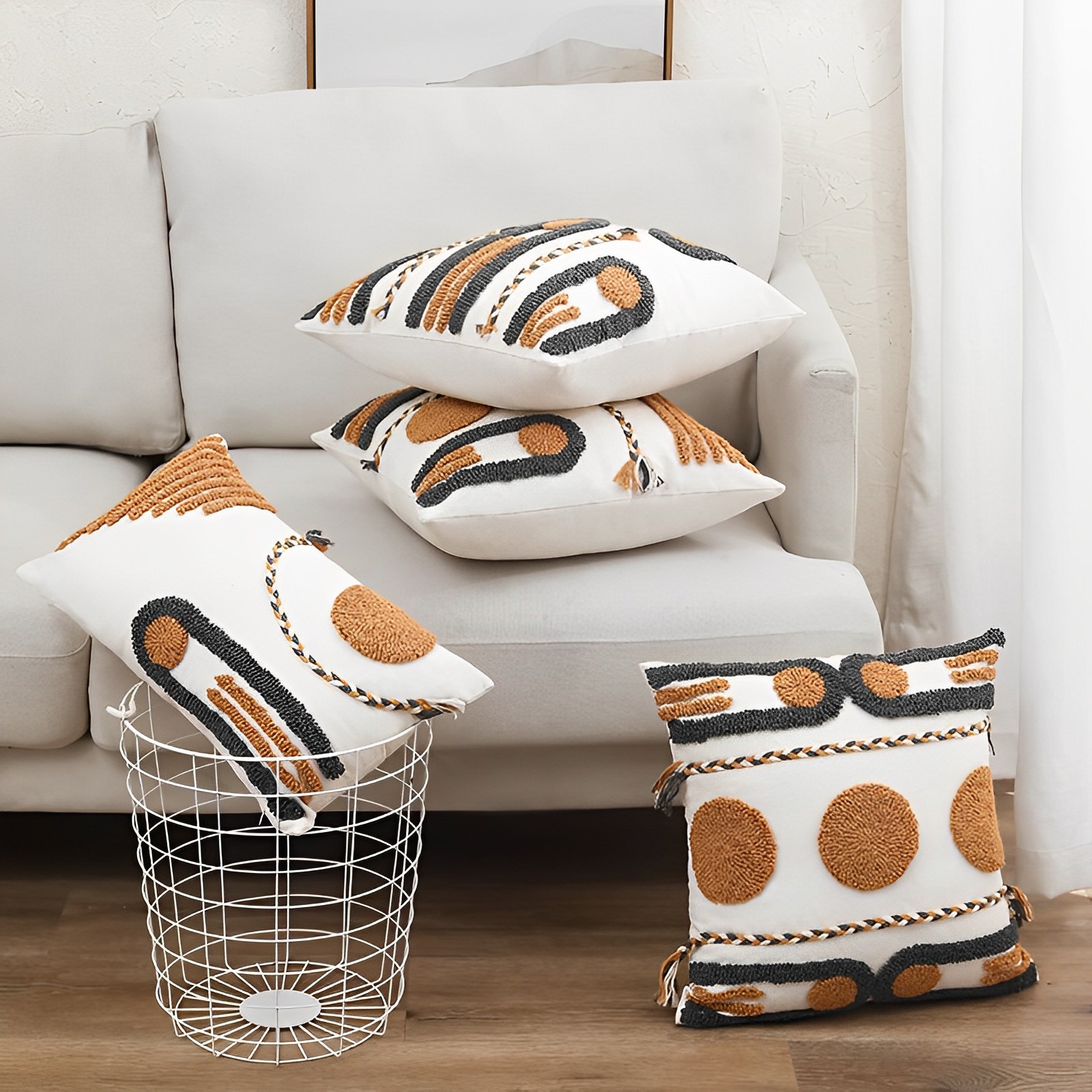 Funda de cojín de terciopelo con borlas naranja y gris, estilo retro simple, geométrico, para sala de estar, soporte lumbar, cojín cuadrado grande para sofá