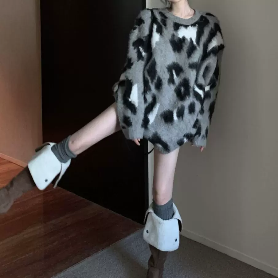 美式复古豹纹套头毛衣外套女秋冬季长袖针织衫中长款宽松大版上衣