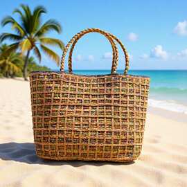 2026新款夏季手钩拉菲草大容量单肩草编包女手提包海边度假沙滩包