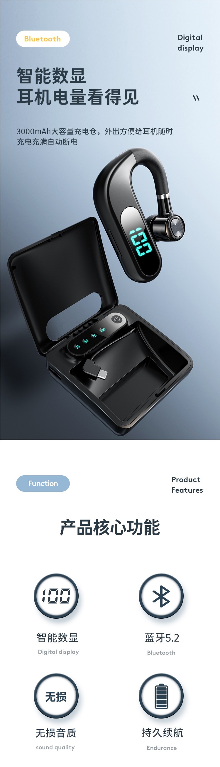 Bluetooth Headset with Super Long Standby Life 2025 New Wireless Single-Ear Ear-Hook Driver High-Definition Call