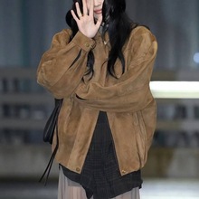 美式复古机车帅气夹克宽松潮牌高级感短款绒面真皮羊皮衣外套上衣