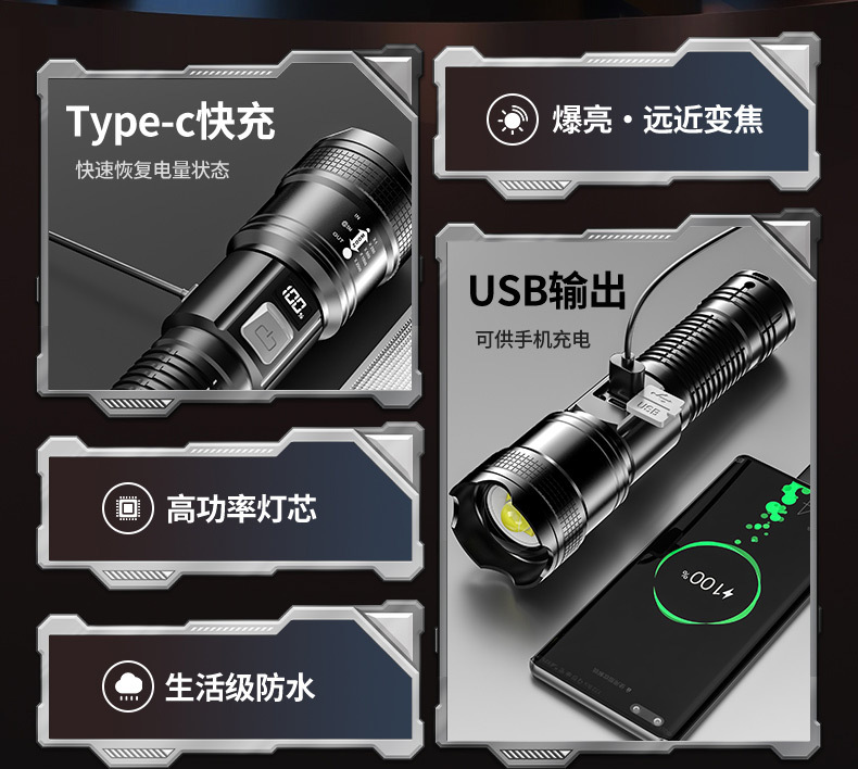 Flashlight Strong Light Charging Long Battery Life Home Outdoor Fall-Resistant Zoom Spotlight Portable Ultra-Bright Xenon Lighting