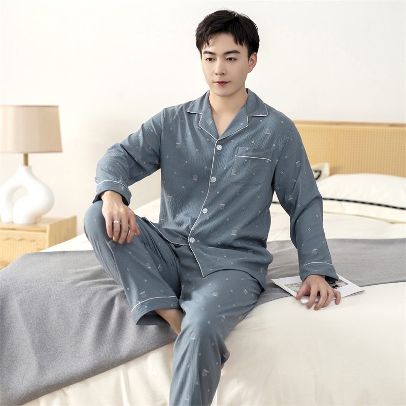 남성 잠옷 봄과 가을 뉴 클라우드 코튼 긴팔 바지 세트 여름 하이 센스 플러스 사이즈 프린트 홈 웨어