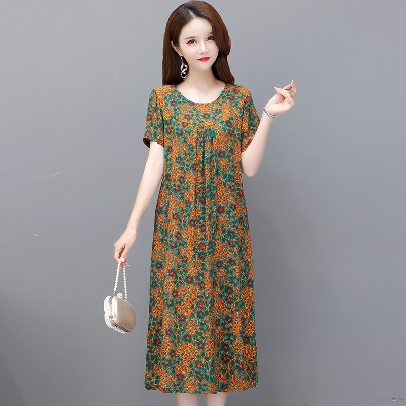 Mother's Summer Short-sleeved Cotton Dress Round Neck Large Size Long Dress Floral Floral Loose Flesh Covering Middle-aged and Elderly Printed Dress