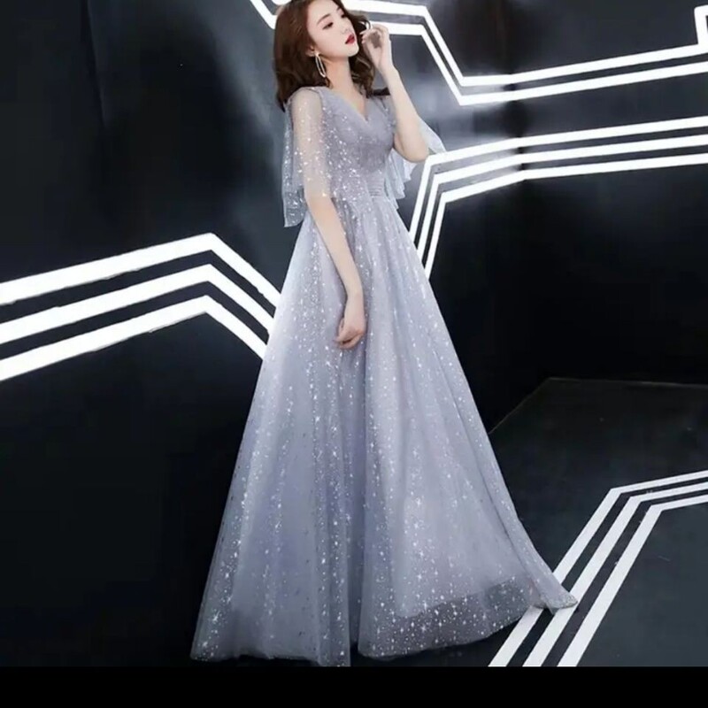 Wedding Bridesmaid Group Evening Dress V Neck New Elegant Gray Teacher Senior Party Starry Sky Skirt Gauze Sleeve Bridesmaid Dress