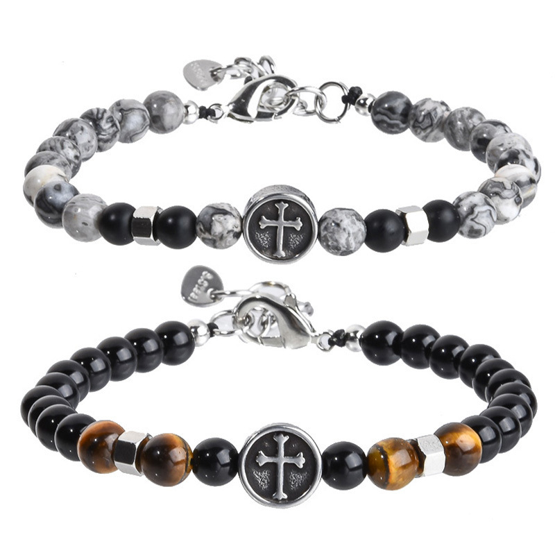 Cross-border jewelry retro men's stainless steel cross bracelet tiger eye beaded map stone obsidian bracelet jewelry