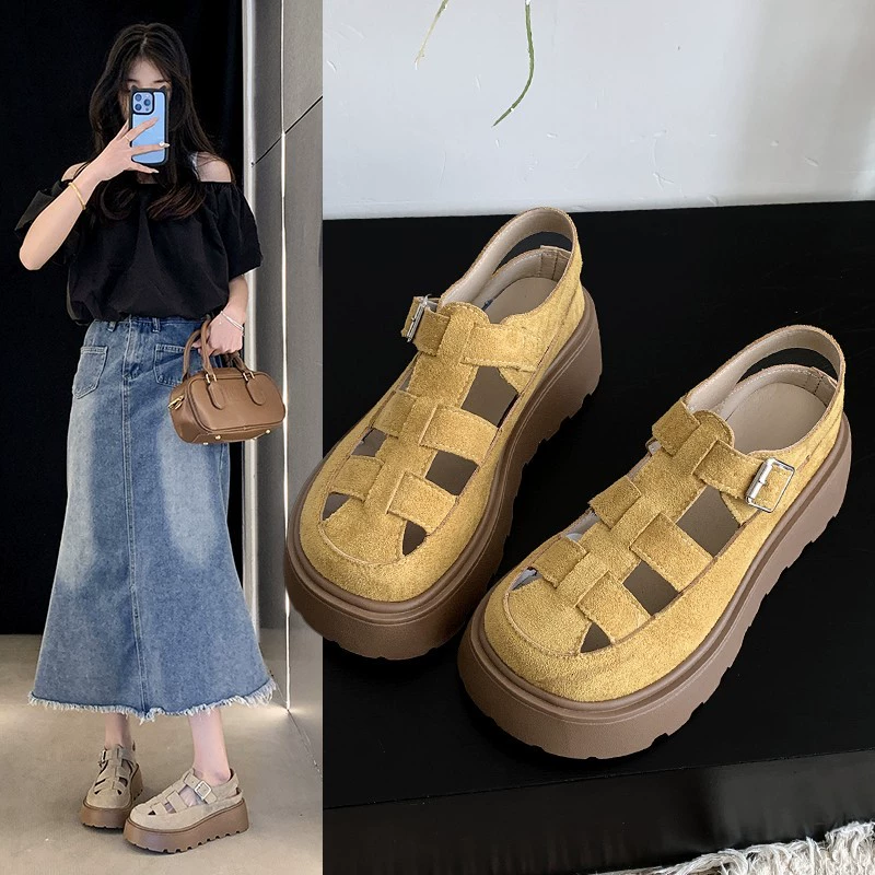 Женские летние сандалии Niche Hollow Roman 2025, новые, на платформе, с толстой подошвой, закрытым носком, в стиле «свинья в клетке», британский стиль, биркенштоки.