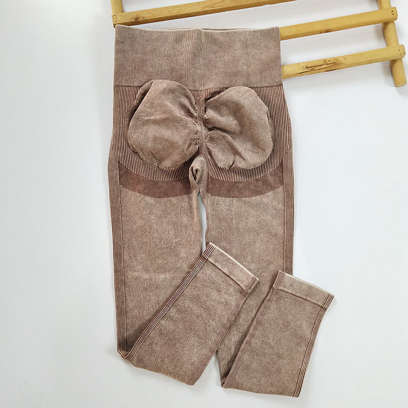 Pantalones de yoga sin costuras de punto lavados transfronterizos, cintura alta, glúteos, ropa de yoga esmerilada, pantalones de fitness para correr deportivos delgados de verano