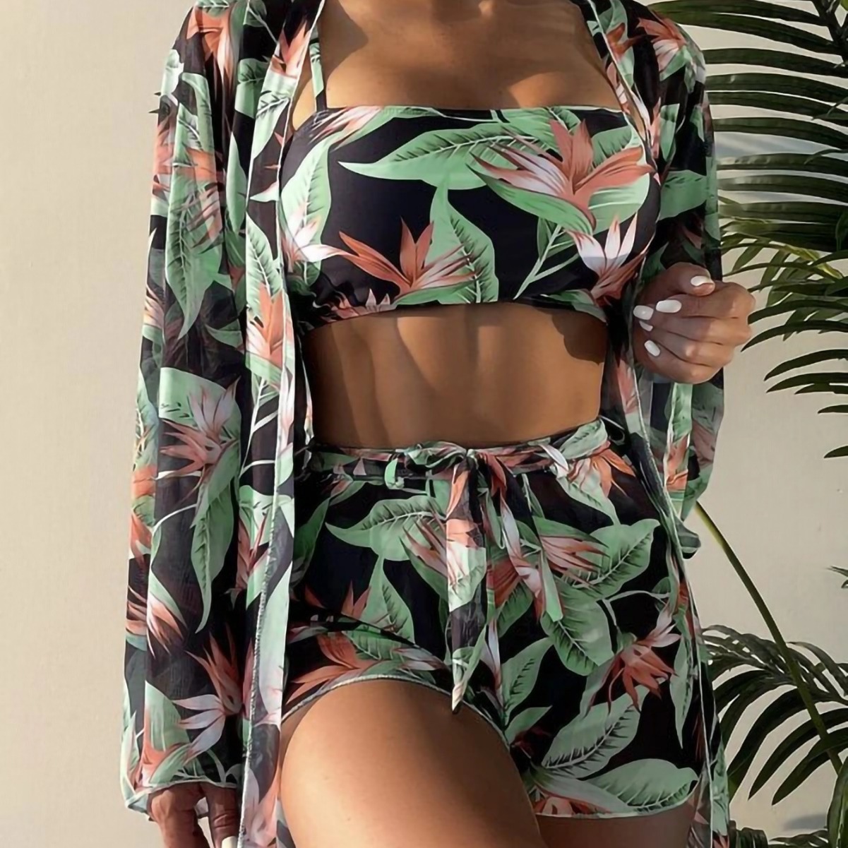 Conjunto de Traje de Baño de Cuatro Piezas para Mujer, Estilo Europeo y Americano 2025, Cintura Alta, Manga Larga, Pantalones Cortos Tipo Boxer, Bikini, Ropa Transfronteriza para AliExpress