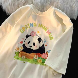 Panda Printed Round Neck Short-sleeved T-shirt Women's 2024 Summer New National Style Hot Style Design Sense Fashion All-match Top