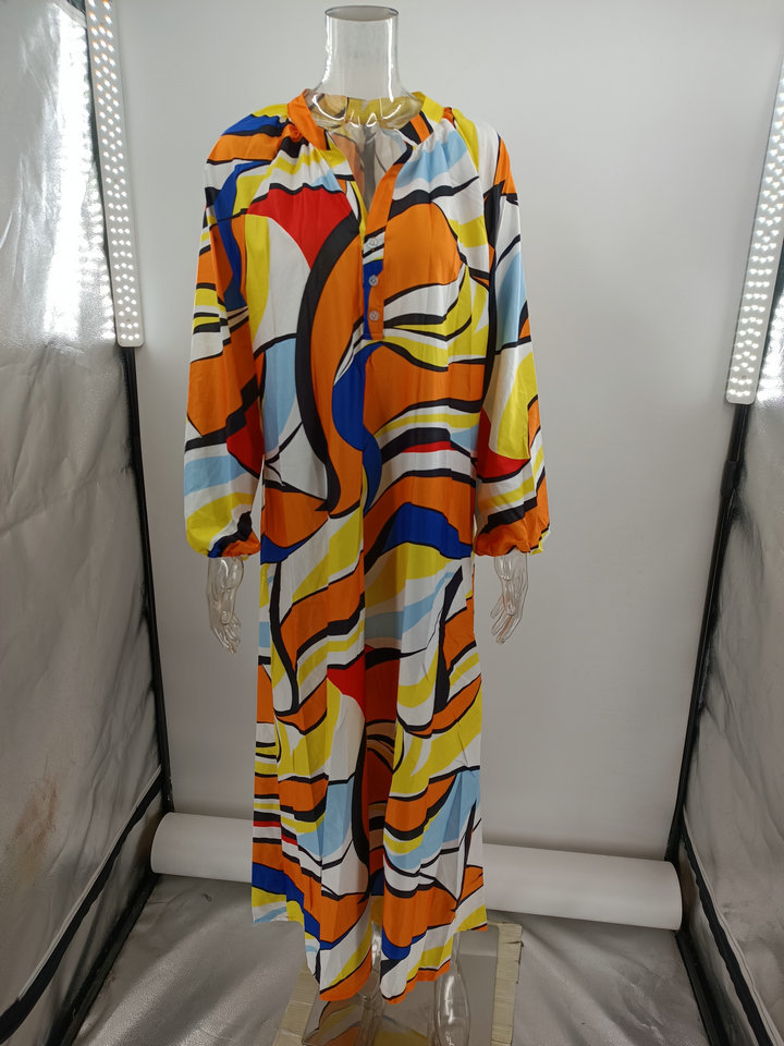 Women's printed pullover long sleeve long skirt V-neck swing loose dress_mkmklike.com