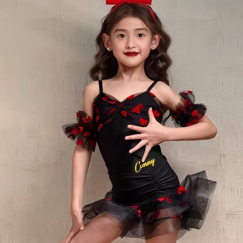 コニーダンス服子供ラテンダンスかわいいふわふわプリンセススーツ赤いノースリーブサスペンダー練習服女の子パフォーマンス|undefined