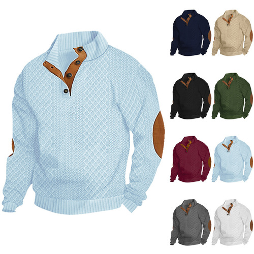 New Autumn/Winter European Code Men's Outdoor Casual Stand Collar Long Sleeve Embroidered Knit Hoodie with Button