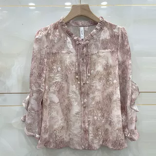 时尚碎花雪纺衫女2025年春秋新款宽松百搭显瘦印花花边领小衫衬衣
