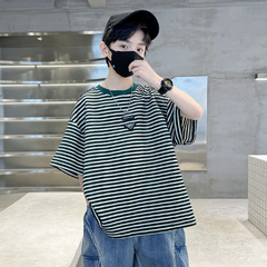 夏季中大男童短袖T恤新款童裝兒童男孩貼標條紋t個性潮酷上衣代發