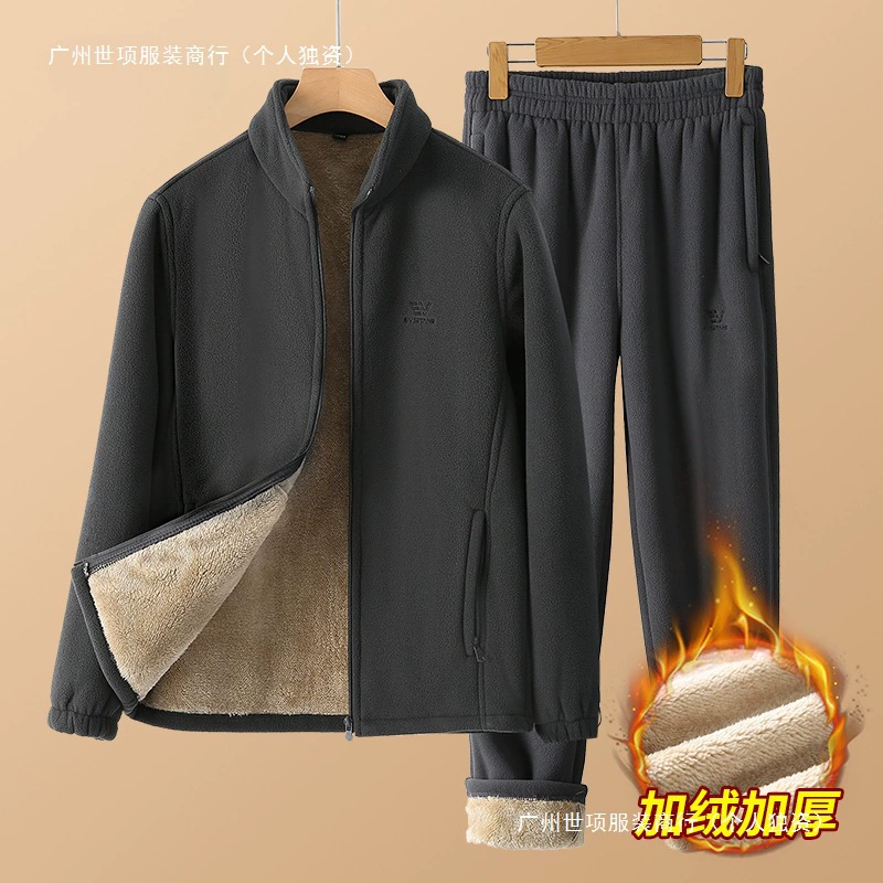 Новый зимний бархатный теплый набор мужской папа зимняя куртка спортивная повседневная брюки с бархатом утолщение набор из двух частей