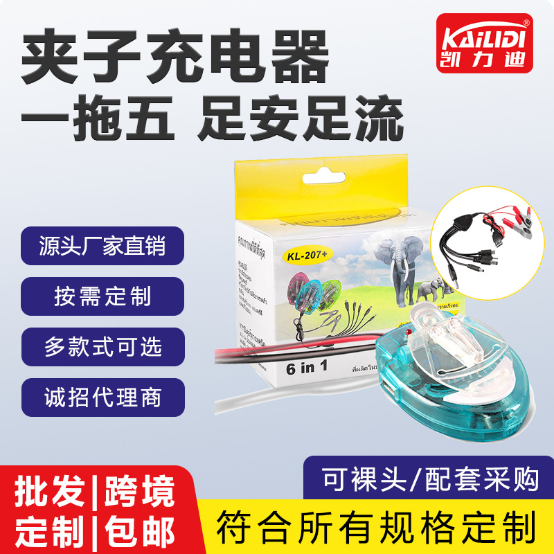 外贸新款USB接口式夹子充12V24V自带一拖五电瓶充夹子充带万能充