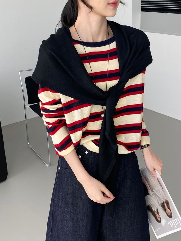 那末韩系宽松慵懒风条纹t恤女6羊毛圆领百搭撞色针织衫上衣D6136|undefined