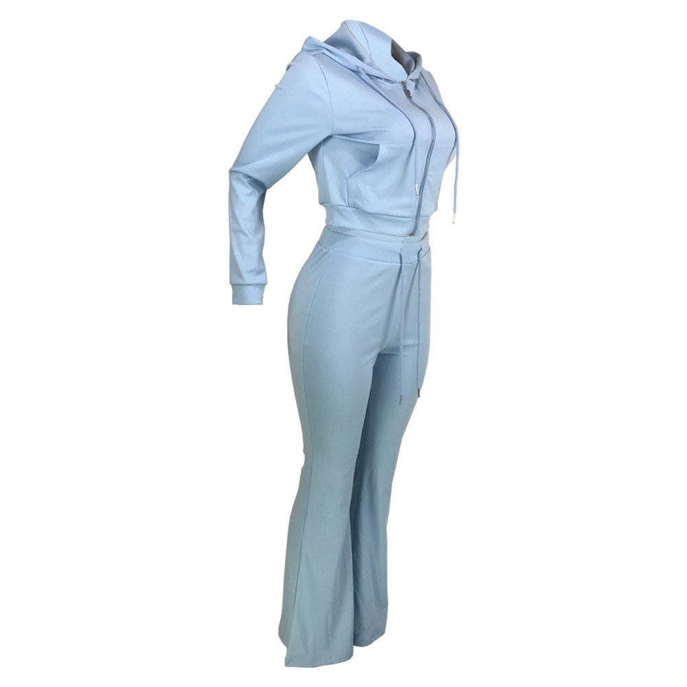 Vêtements pour femmes mode féminine couleur unie poche fermeture éclair capuche cravate veste décontractée pantalon évasé costume deux pièces_voghion.com