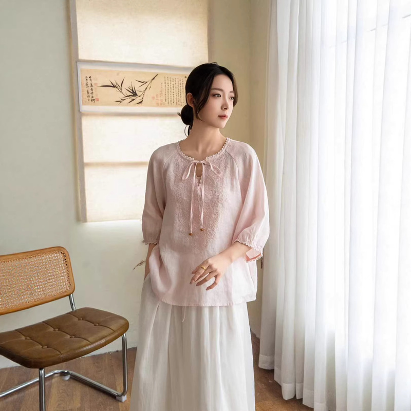 Pure Linen Shirt 2026 Summer New Style Embroidered Mid-Sleeve Retro Lace-Up Blouse Pullover Top 8951