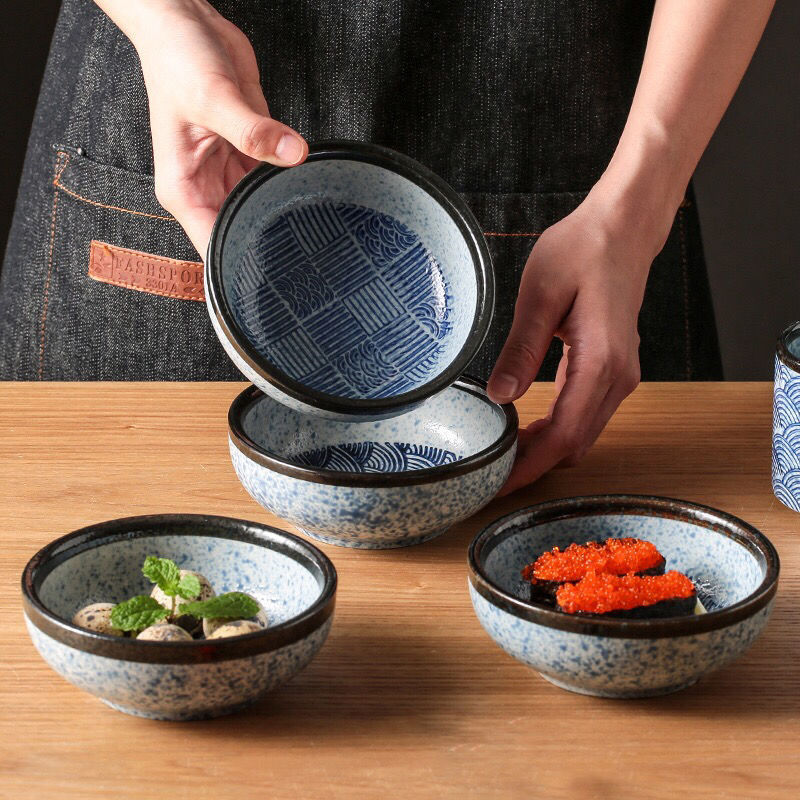 Japanese-Style Rice Bowl Tableware Set for Home Use, Anti-Scald Ceramic Bowl and Chopsticks, 5inch Wave Pattern