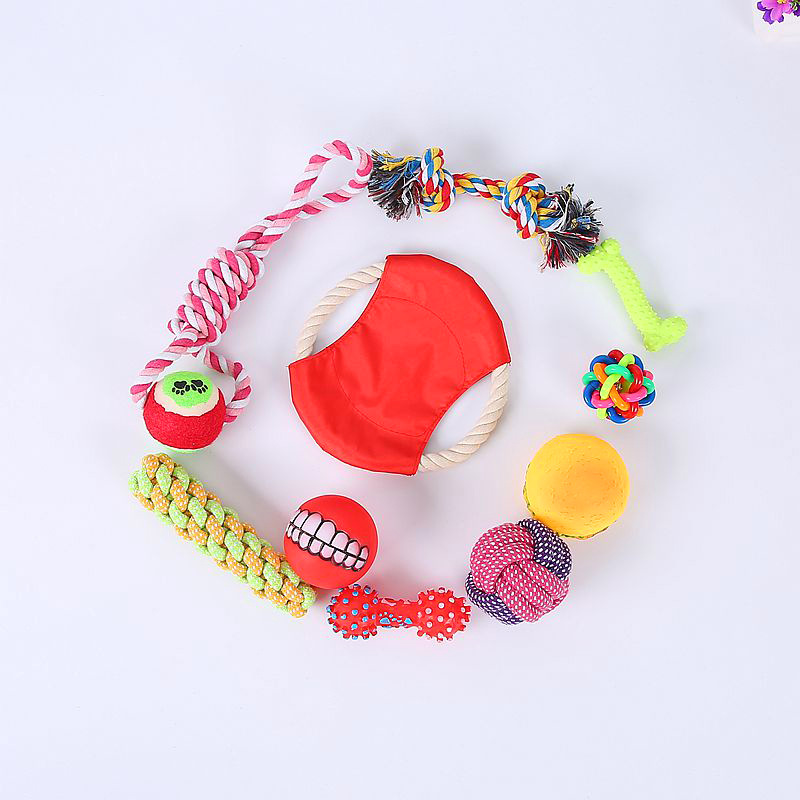 Los fabricantes suministran combinación de juguetes para mascotas, juego de 10 piezas, juguetes para mascotas tpr, juguetes molares de cuerda para perros Corgi