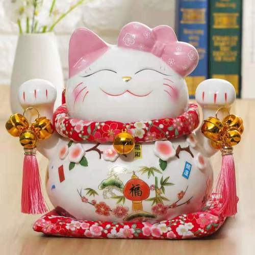 7-inch Peach Blossom Cat Figurine, Money Bank, Fortune Cat Ceramic, Gift for Best Friend, Festival Gift, Ceramic Home Decor, Ornament