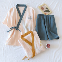 日系女士拼色包边绉布和服春夏薄款水洗棉纱睡衣系带长袖短裤套装