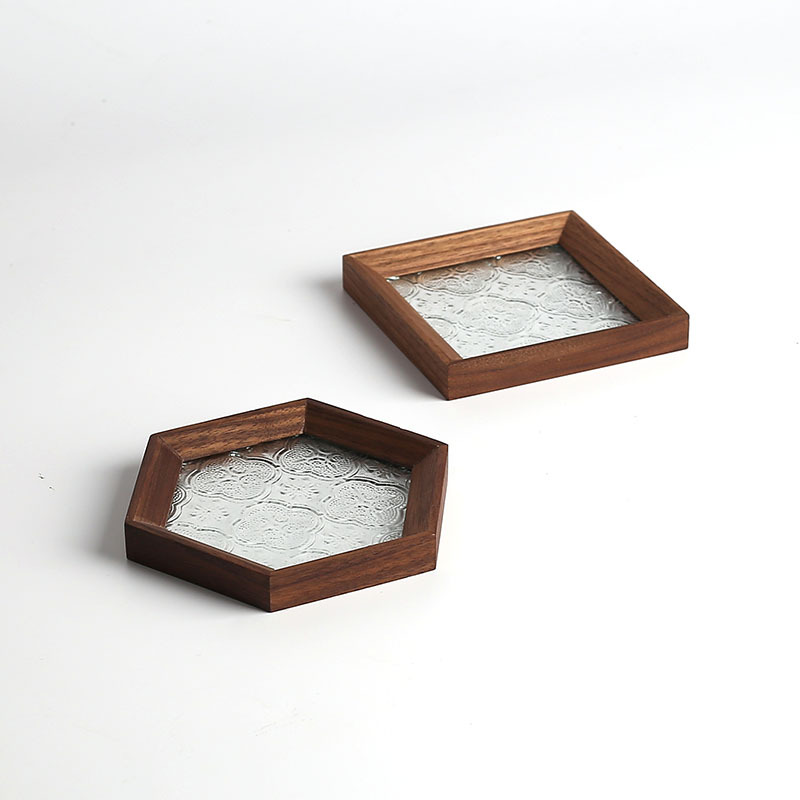复古海棠花玻璃木质黑胡桃木咖啡茶点杯垫隔热点心盘杯托水杯餐垫