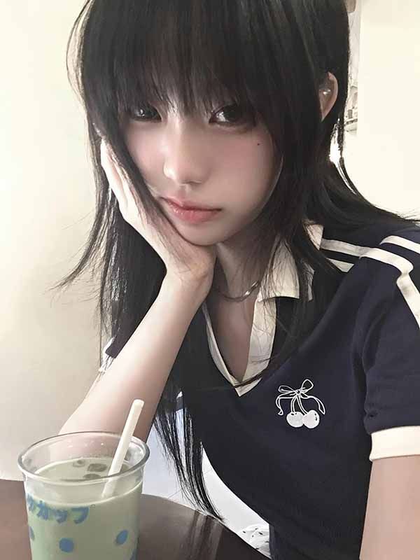 学院风辣妹POLO领短袖T恤女夏季新款樱桃印花修身显瘦上衣女批发|undefined