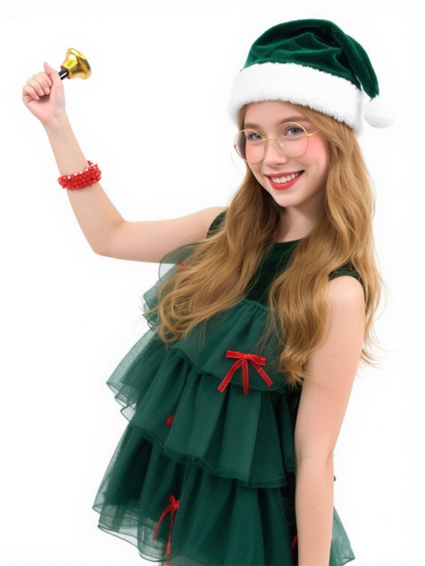 クリスマス新作ノースリーブグリーンケーキスカートコスプレクリスマスツリー祭りパーティー演出服舞台衣装女|undefined