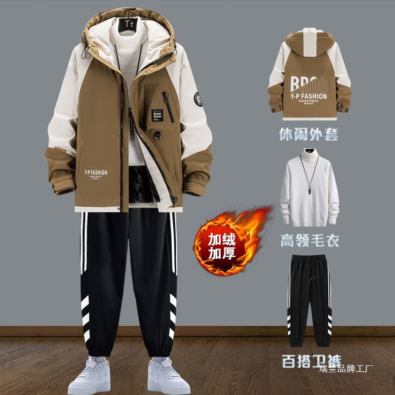 십대 가을과 겨울 기모 두꺼운 후드 자켓 세트 남성용 캐주얼 작업복 유행 소박한 옷면 패딩 자켓