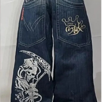 American Street Hip-hop Death Skull Print Jeans for Men and Women High Street Fashion Brand Loose Wide-leg Floor-length Pants