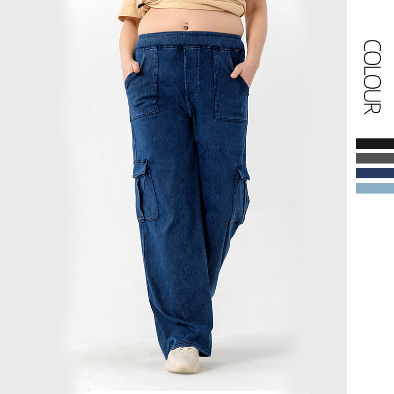 Pantalones de trabajo de piernas anchas de vaqueros de tamaño más largo, elásticos de cintura alta de doble bolsillo, pantalones casuales deportivos