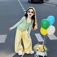 女童春季韩系穿搭2026新款多巴胺女孩长袖背心裤子三件套爆款针织