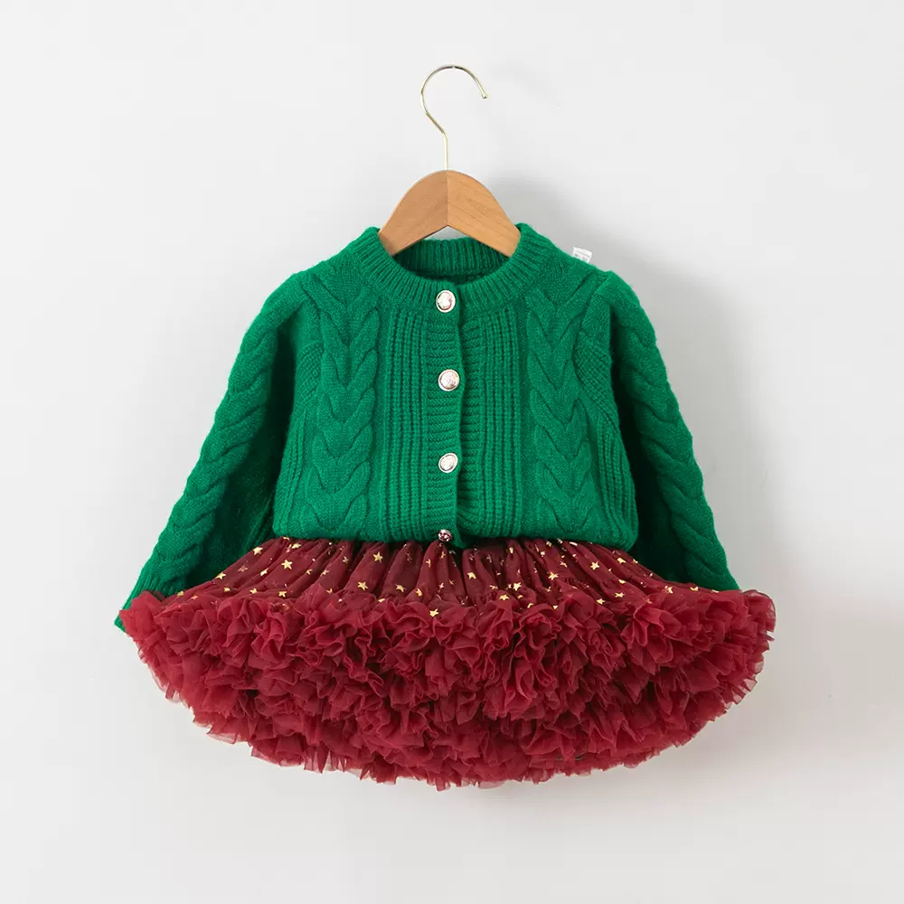 圣诞节毛衣搭配绿色星星tutu裙套装圣诞绿针织开衫外套女童半裙