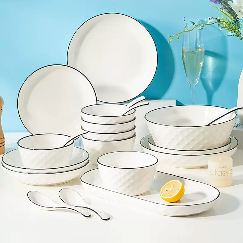 新北欧家用碗碟套装陶瓷饭碗菜盘面碗汤碗组合简约个性盘子碟子