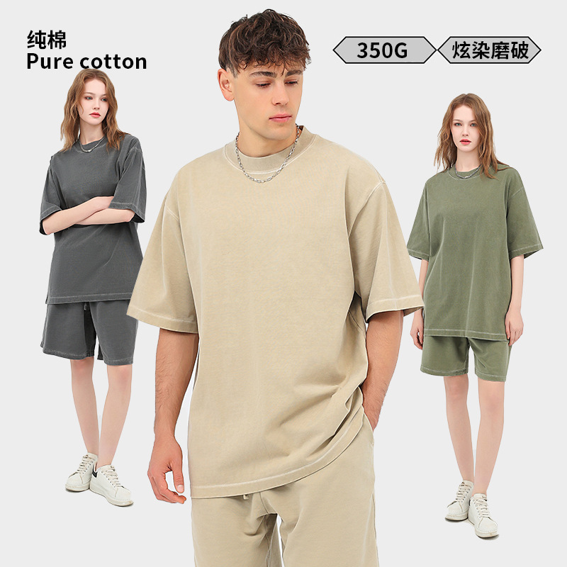 350G ropa de hombre lavado con agua viejo desgaste chaqueta blanca marca pesada camiseta de algodón camiseta de manga corta conjunto personalizado